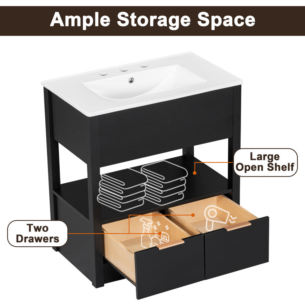GDF Studio 30"W Vanity With Ceramic Sink, Open Shelf & Two Drawers, Black