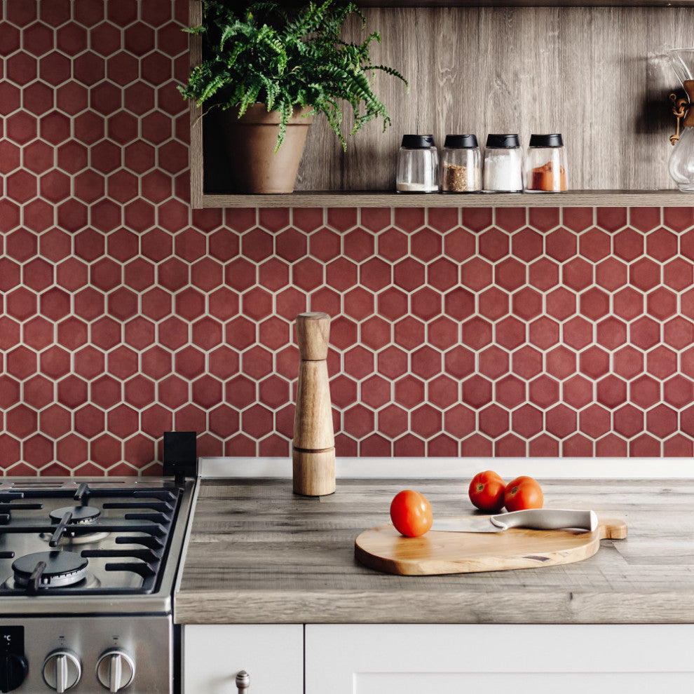 Tribeca 2" Hex Porcelain Mosaic Floor and Wall Tile, Glossy Rusty Red