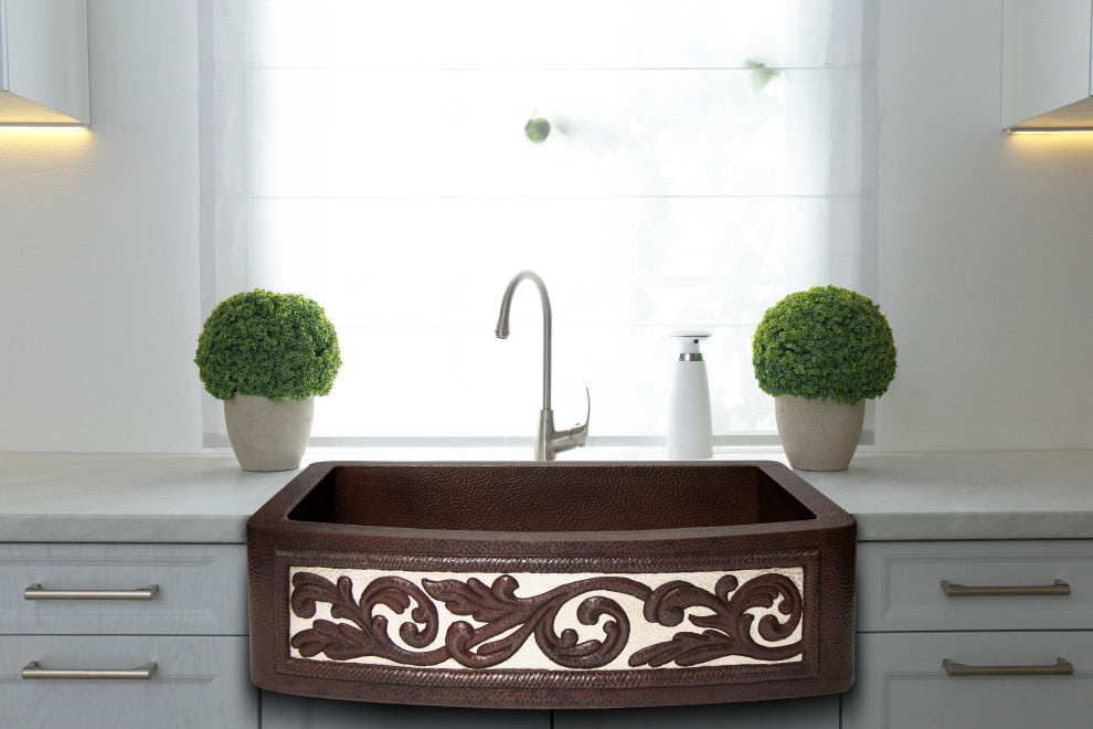 33" Farmhouse One Bowl Silver Round Apron Hammered Copper Kitchen Sink, 16 Gauge