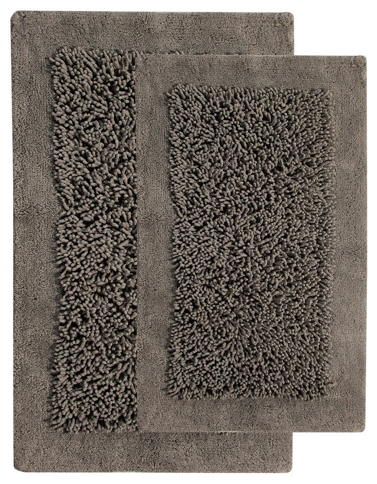 Bath Rug Cotton and Chenille Tufted, 2 Piece Set, 24"x17" and 34"x21", Gray
