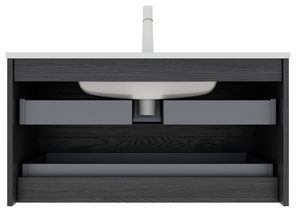 Single Sink Wall-Mounted Bath Vanity in Walnut with White Ceramic Top, Dark Oak, 36"