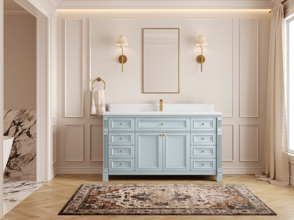 Paris 60" Single Sink Bathroom Vanity, Blue Heather 1.5" White Quartz