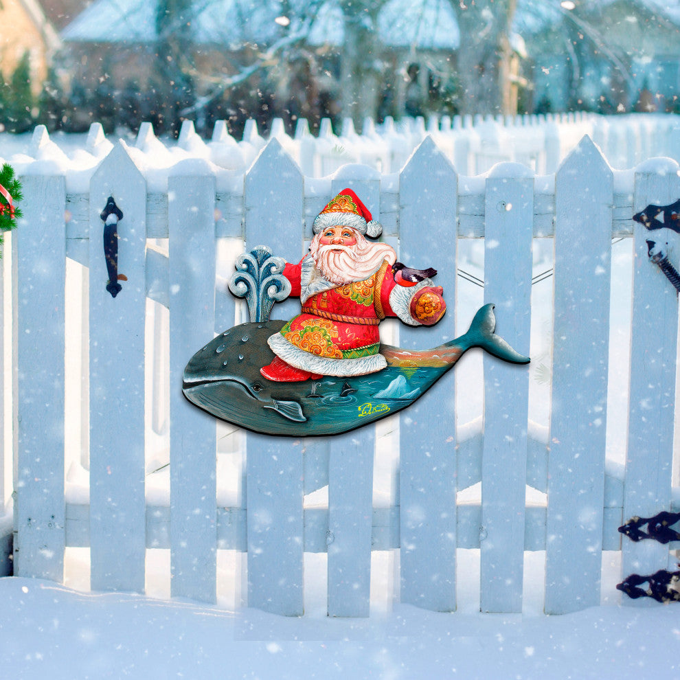Coastal Whale Riding Santa, Wooden Decorative Holiday Door Hanger