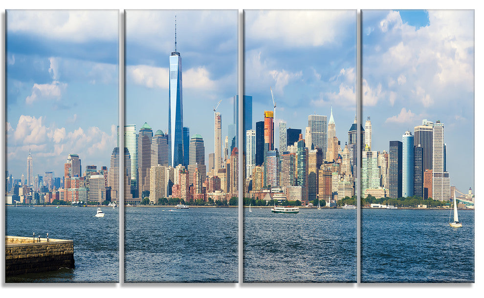 "Lower Manhattan Skyline Panorama" Cityscape Artwork Canvas, 4 Panels, 48"x28"