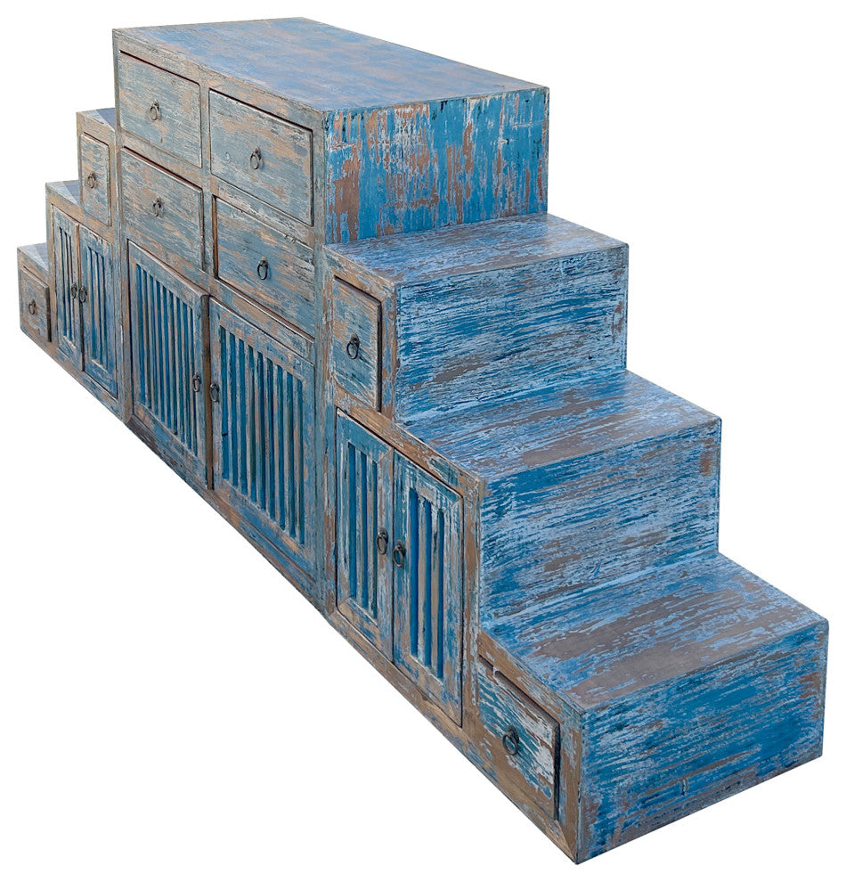 Distressed Teal Blue Triangle Step Tansu Cabinet Display Room Divider Hws4389