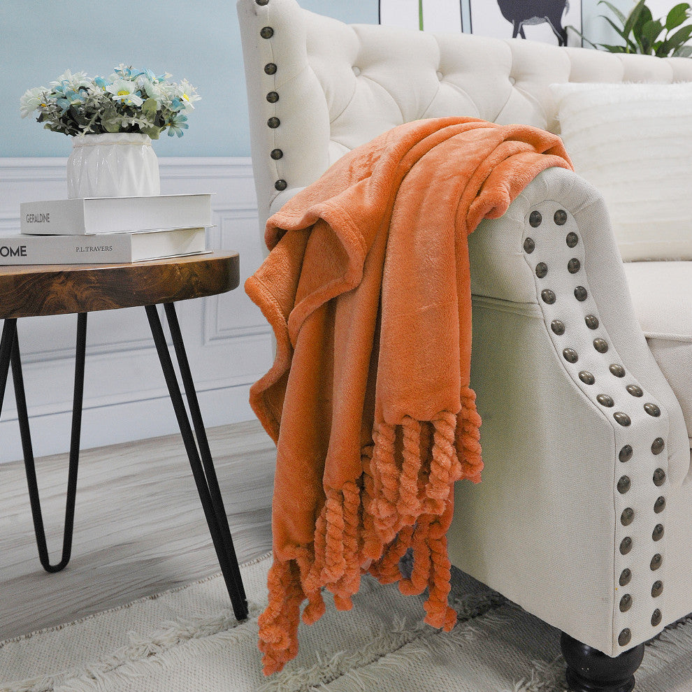 Braided Rope Flannel Fleece Throw, Burnt Orange, 50"x60"