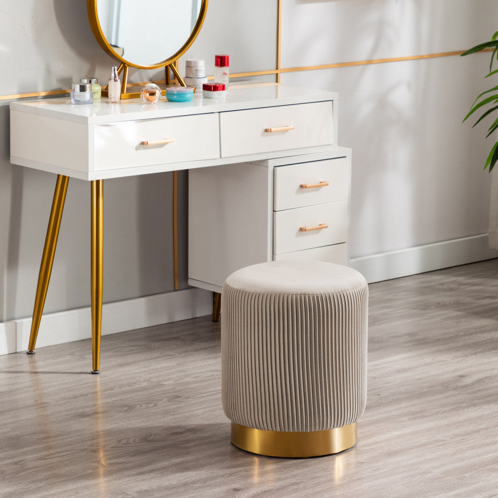 Round Pleated Golden Base Velvet Ottoman, Khaki