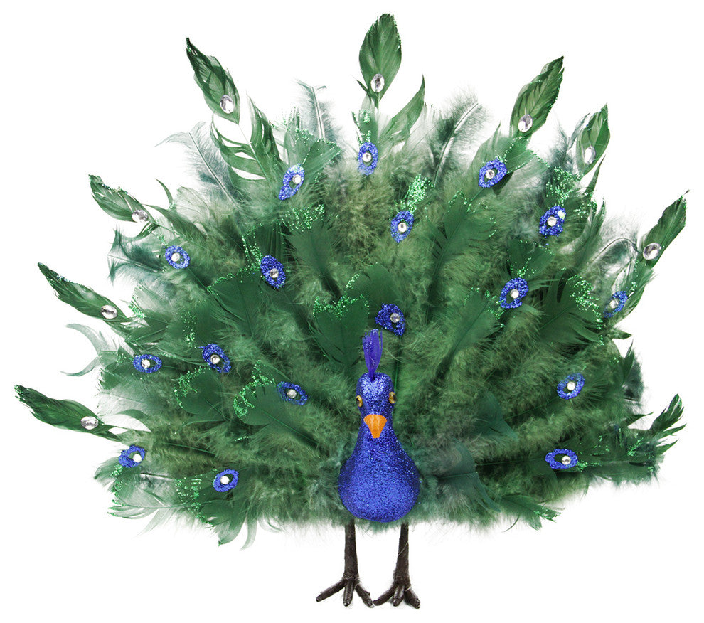 Colorful Regal Peacock Bird With Open Tail Feathers Decoration, Green, 17"