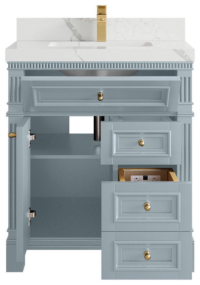 Paris 30" Single Sink Bathroom Vanity, Blue Heather 2" Calacatta Laza