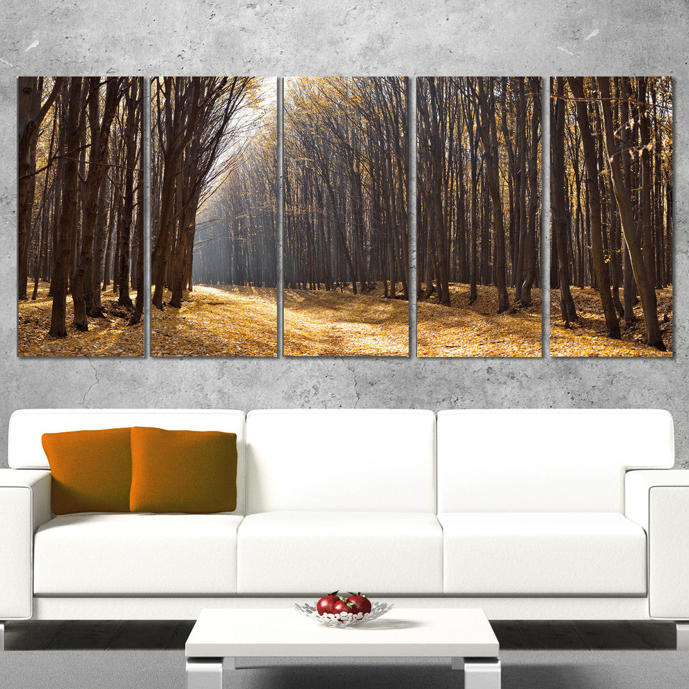 Light in the Forest Path Panorama, Forest Canvas Art Print, 60"x28", 5 Panels