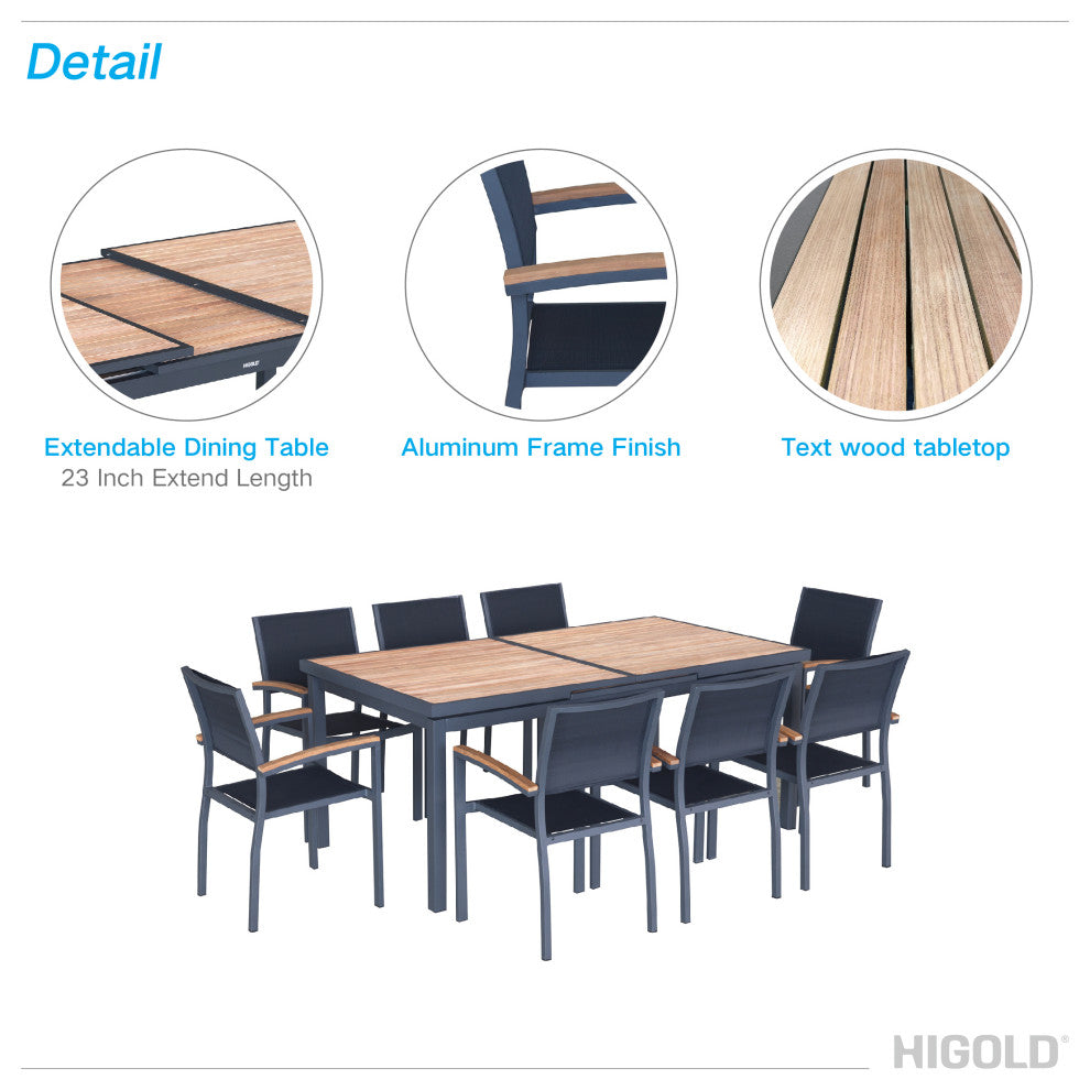 Heck Extendable Teak Outdoor Dining Set for 8 Person, Aluminum, by HIGOLD