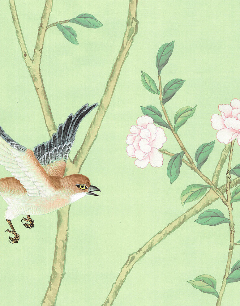 Chinoiserie Wall Mural Lantilly Triptych, Emerald, Sample