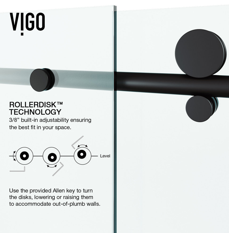 VIGO Elan E-Class 56" to 60" W x 76" H Frameless Sliding Shower Door, Matte Black, Clear Glass