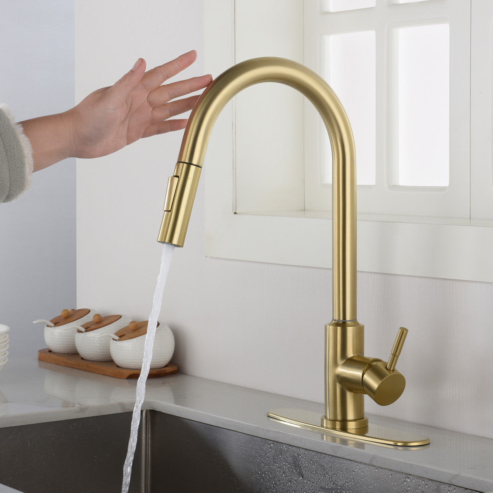 Wellfor Touch Kitchen Sink Faucet With Pull Down Sprayer, Single-Handle, Brushed Gold