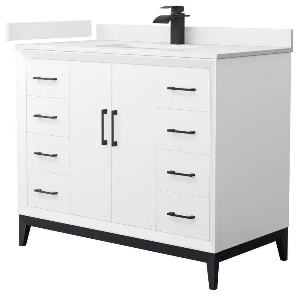Amici 42" White Single Vanity, White Cultured Marble Top, Matte Black Trim