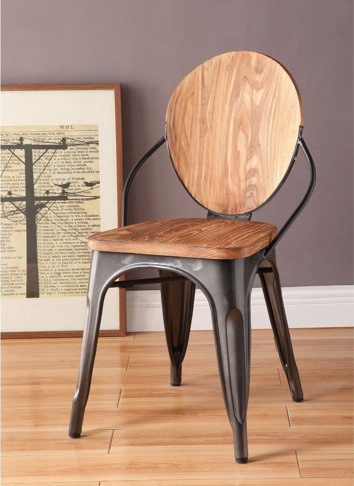 Wood and Metal Dining Side Chair with Oval Backrest, Set of 2, Brown and Gray