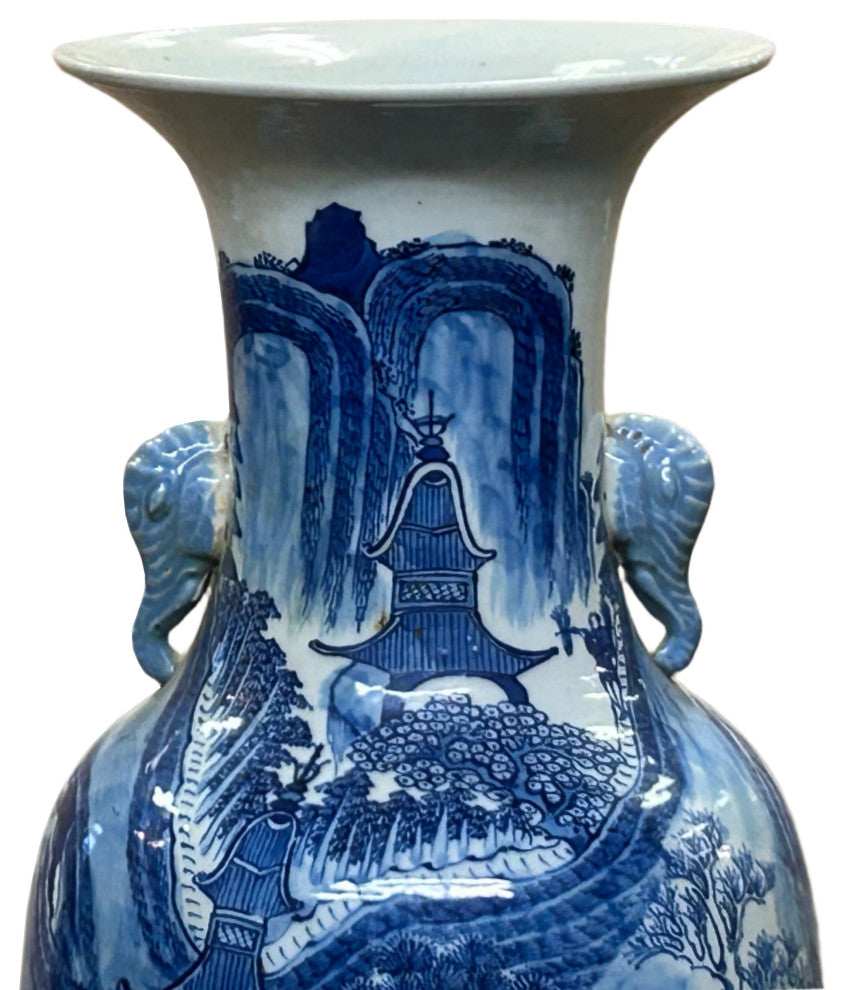 23" Vintage Blue White Scenery Porcelain Elephant Head Ear Art Vase Hws4363