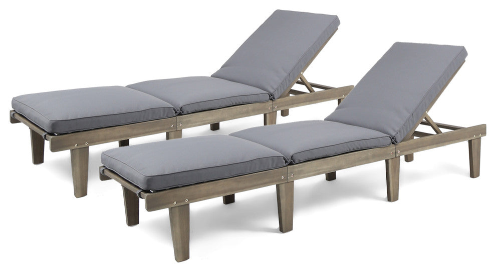 GDF Studio Alisa Outdoor Acacia Wood Chaise Lounge With Cushion, Gray, Set of 2