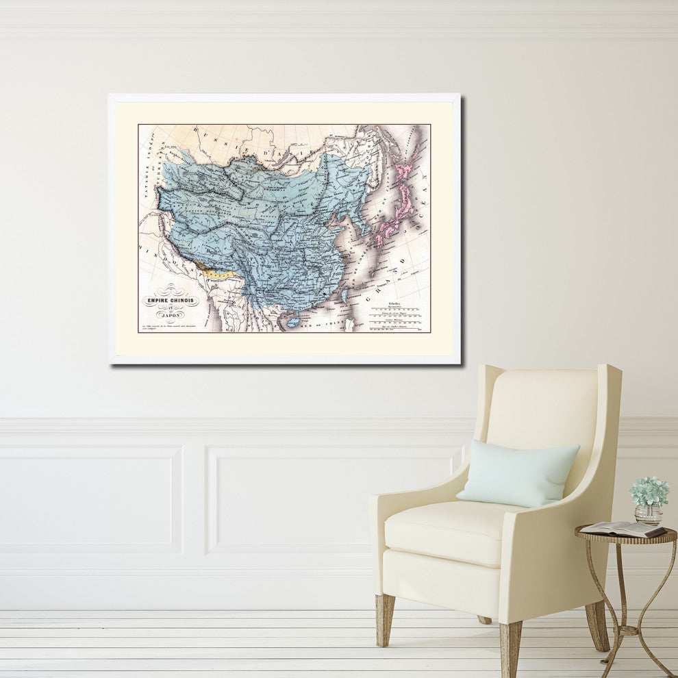 China, Japan, Korea Vintage Old Map Print On Canvas With Picture Frame 28" X 37"