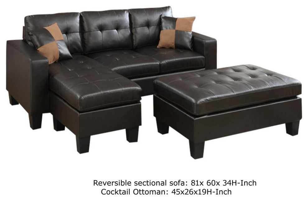 Benzara BM168740 Leather All, One Sectional With Ottoman and 2 Pillows Brown