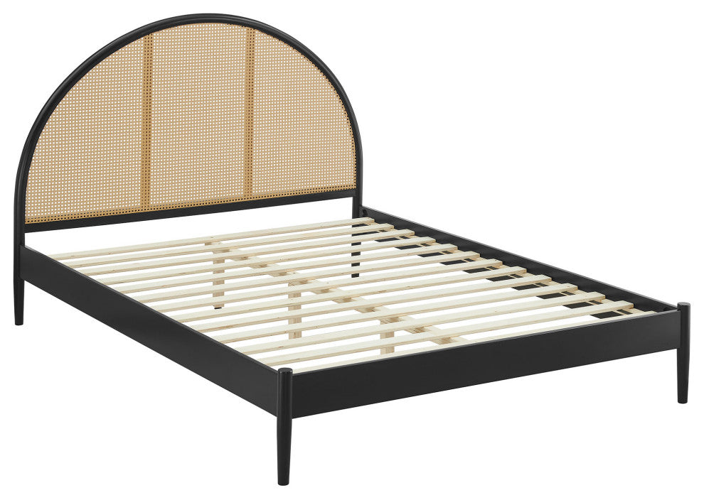 Odette Queen Arched Rattan Cane Platform Bed, Black
