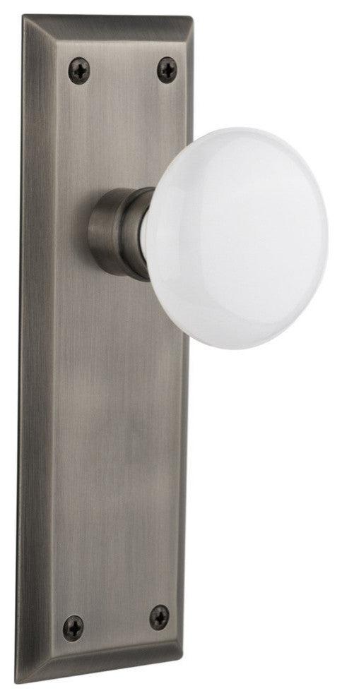 Single New York Plate With White Porcelain Knob, Antique Pewter