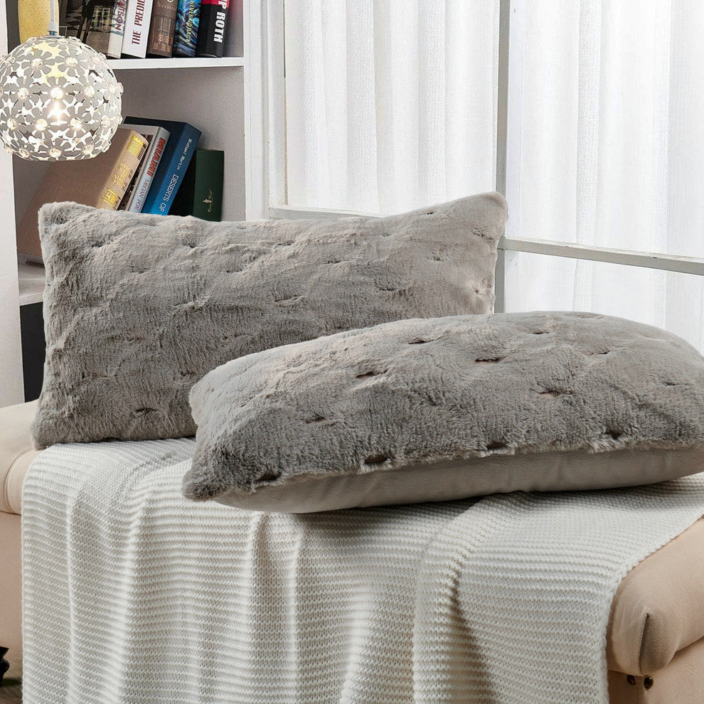 Jacquard Rabbit Faux Fur Pillow Cover 2 Piece Set, Grey, 14" X 26"