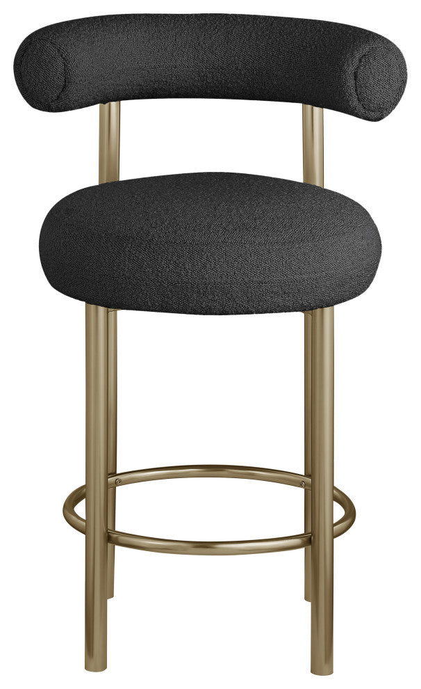 Bordeaux Upholstered Stool, Black, Boucle Fabric, Brushed Brass, Set of 2