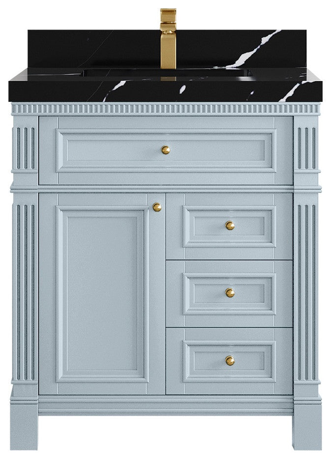 Paris 30" Single Sink Bathroom Vanity, Blue Heather 2" Calacatta Black