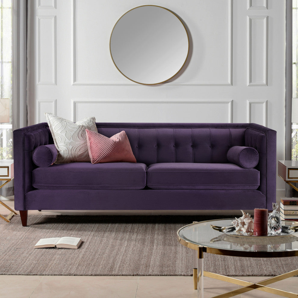 Jack 84" Modern Tuxedo Sofa With Bolster Pillows, Purple Velvet