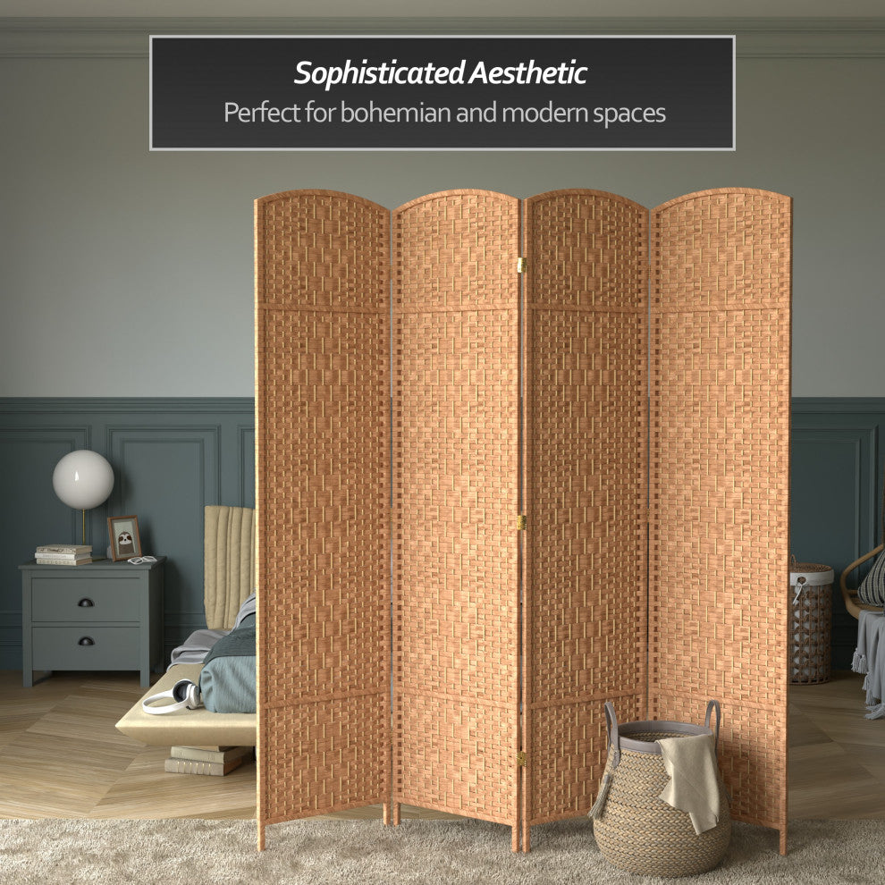 7' Tall Diamond Weave Room Divider, Natural, 4 Panels