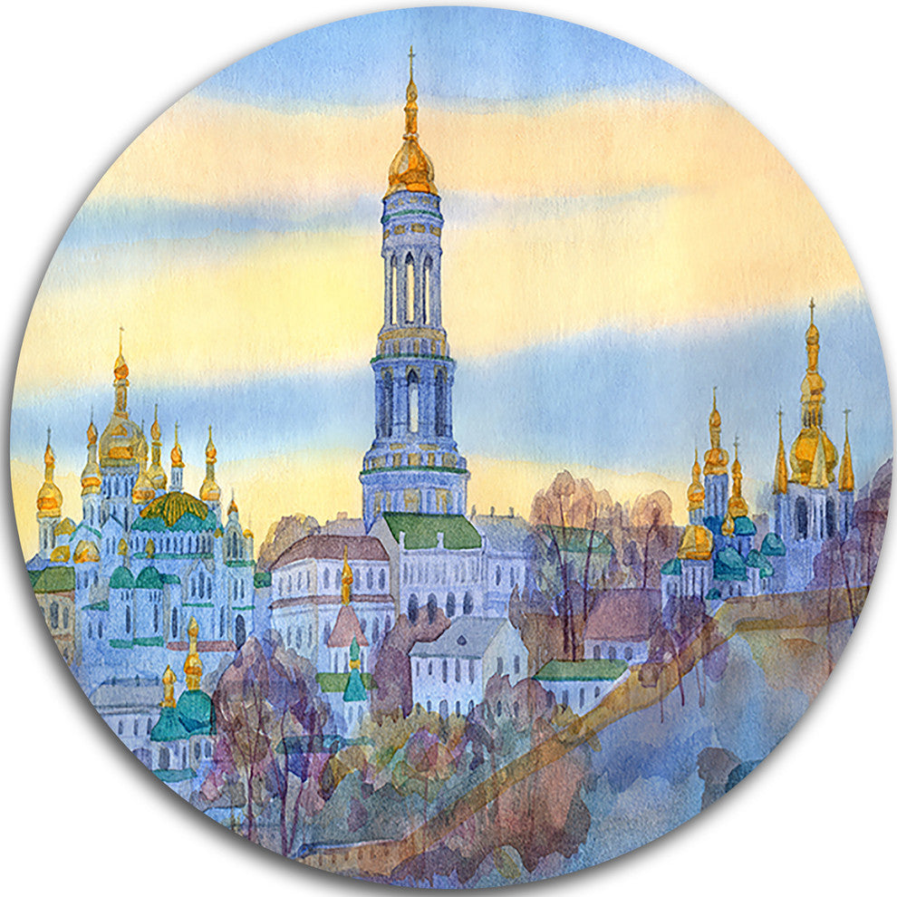 Monastery On Steep Hill, Cityscape Painting Disc Metal Artwork, 11"