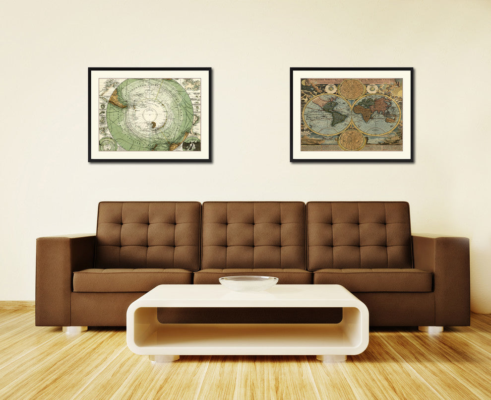 Antarctica, South Pole Vintage Map Print On Canvas With Picture Frame 16" X 21"