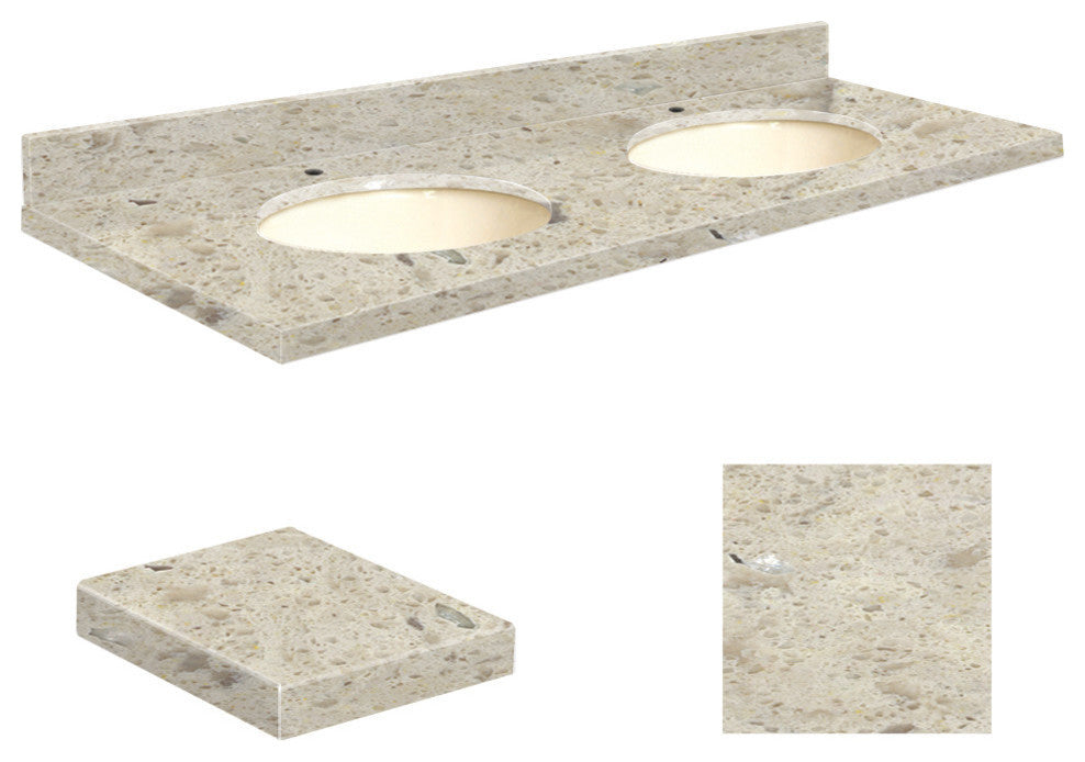 Quartz 61"x22" Double Sink Vanity Top, Single Faucet Hole, Carmel, Biscuit Bowl