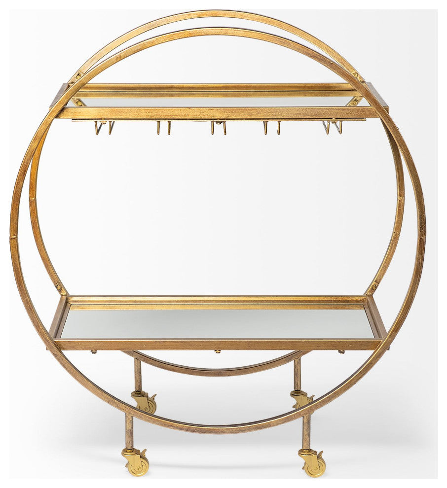 Carola Gold Frame Two-Tier Glass Shelves w/ Stemware Holder Bar Cart