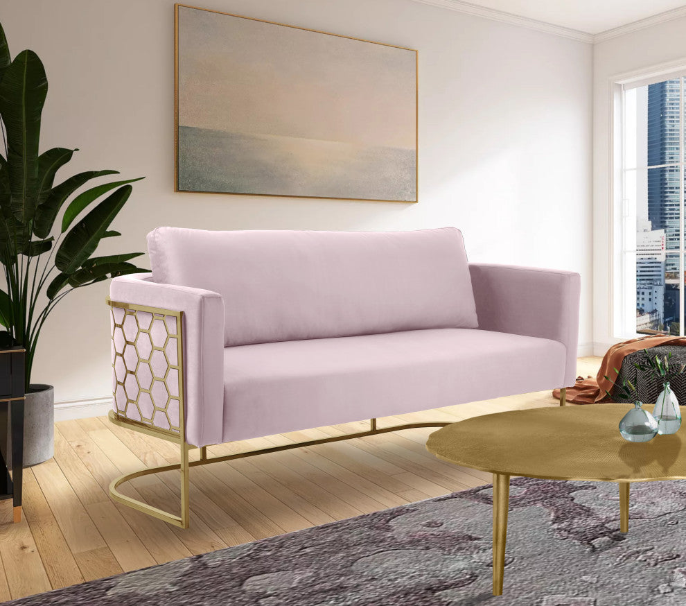 Casa Velvet Upholstered Sofa, Pink, Gold Finish