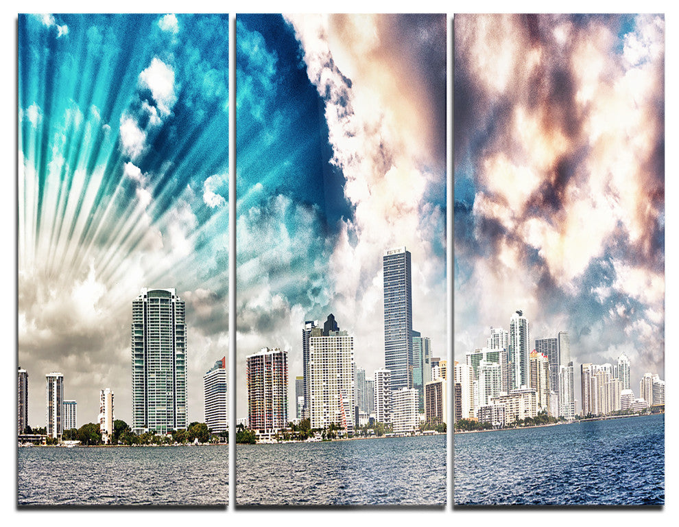 "Miami Skyline With Clouds" Photo Metal Wall Art, 3 Panels, 36"x28"