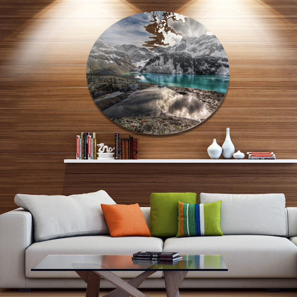 Mountain Creek Under Cloudy Sky, Landscape Art Disc Metal Wall Art, 36"