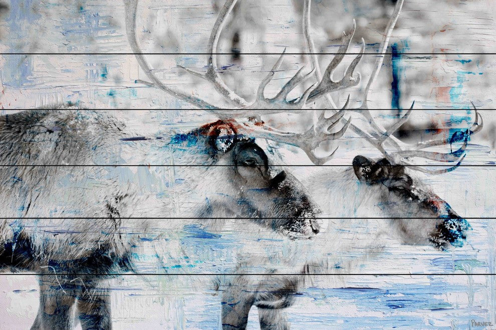 "Reindeer Pair" Painting Print on White Wood, 60"x40"