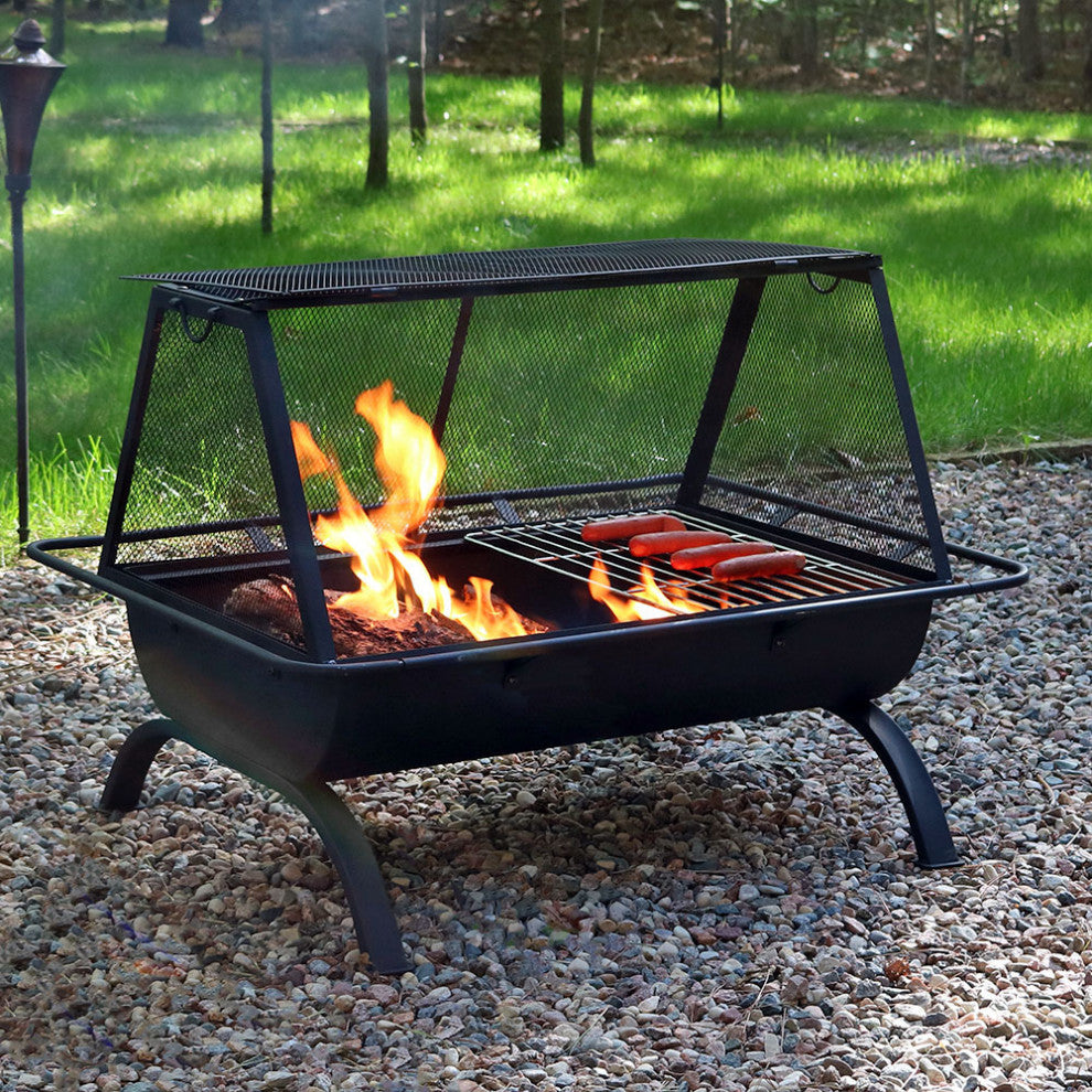 Sunnydaze Northland Grill Fire Pit With Spark Screen and Vinyl Cover, 36"