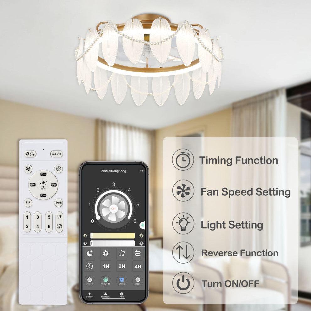 20" French Country Ceiling Fan with Remote Control and Dimmable Light, Gold
