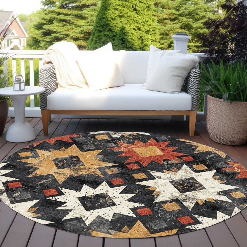 Machine Washable Indoor/Outdoor Chantille ACN1879 Black 8' x 8' Round Rug