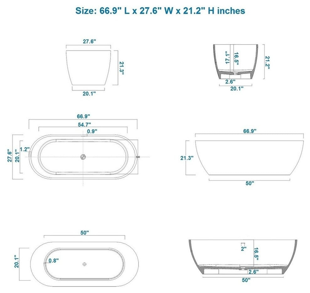ADM Medium Elipsed Freestanding Bathtub, Glossy White, 66.9"