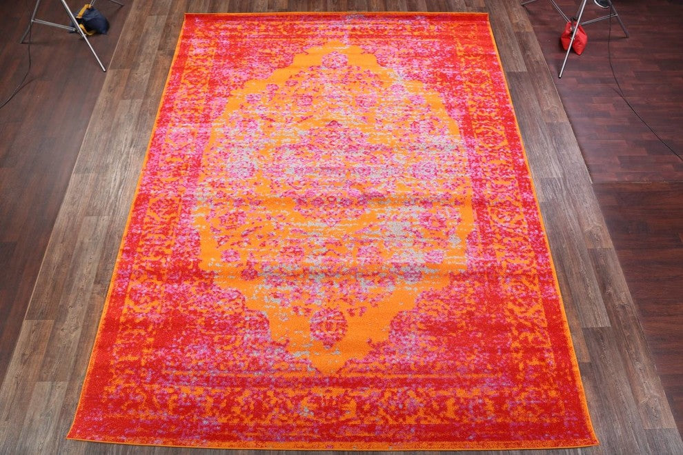 Agra All-Over Machine Made Turkish Oriental Distressed Area Rug Overdyed, Orange
