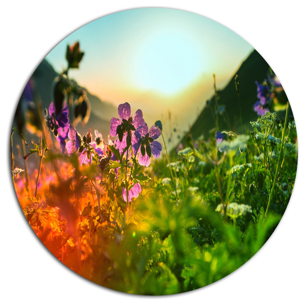 Multicolor Mountains Meadow View, Modern Flower Disc Metal Artwork, 36"