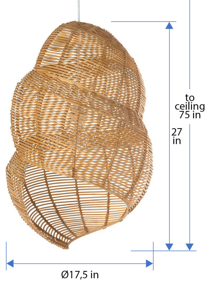 Wicker Coiled Shell Pendant Lamp, Handwoven, Natural Brown
