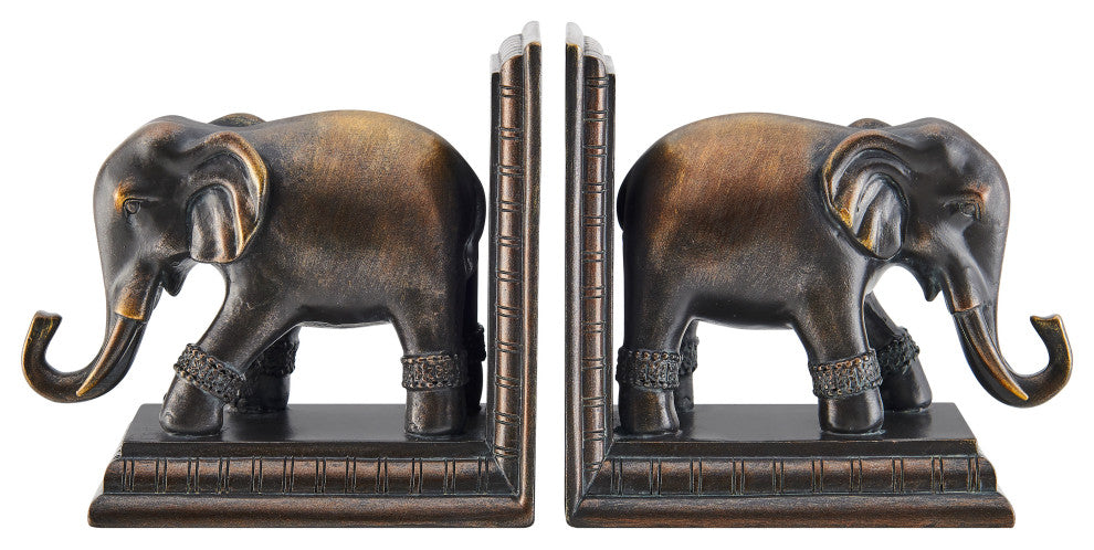 Danya B. Ornate Elephants Polyresin Bronze Patina Finish Bookend Set of 2