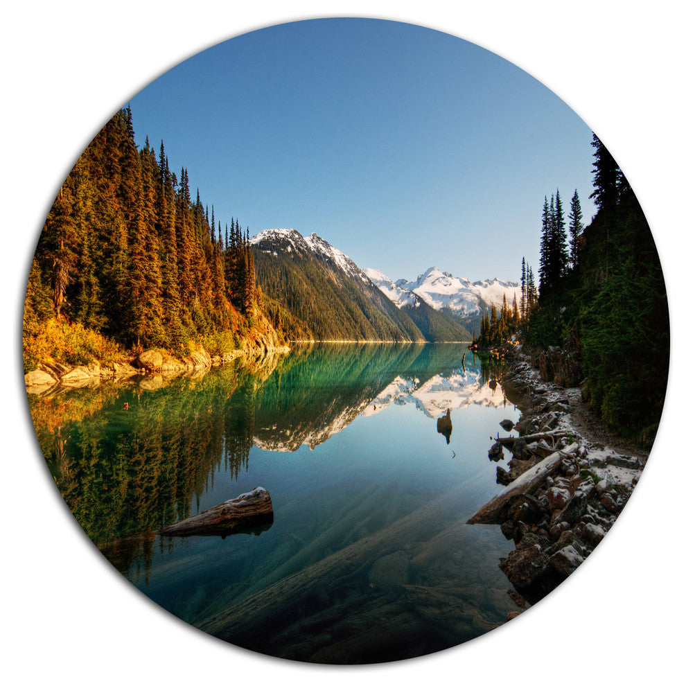 Snowy Path Along Mountain Lake, Landscape Round Metal Wall Art, 23"