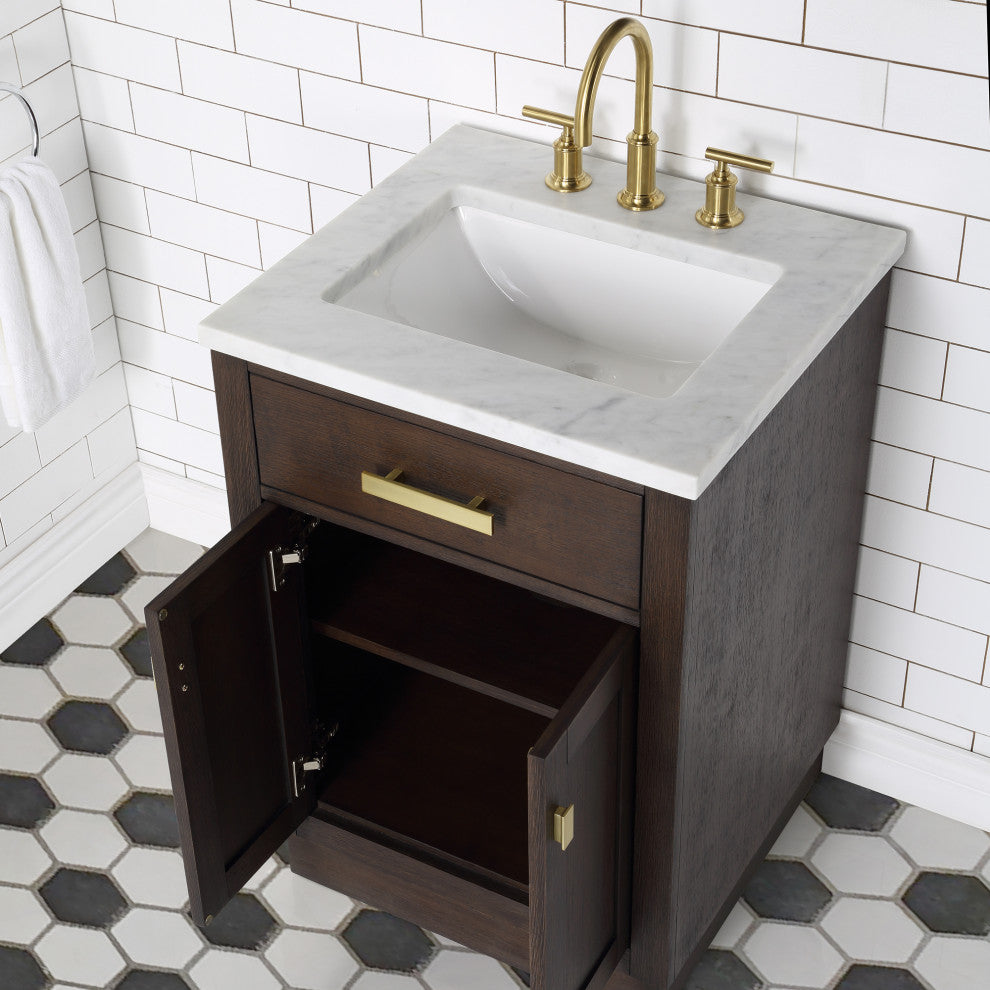 Chestnut 24" Bath Vanity, Brown Oak, Faucet, Satin Gold Hardware