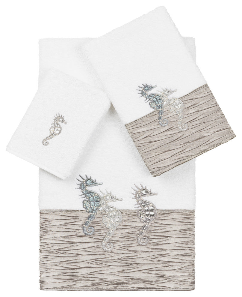 100% Turkish Cotton Sofia 3-Piece Embellished Towel Set, White / Gray